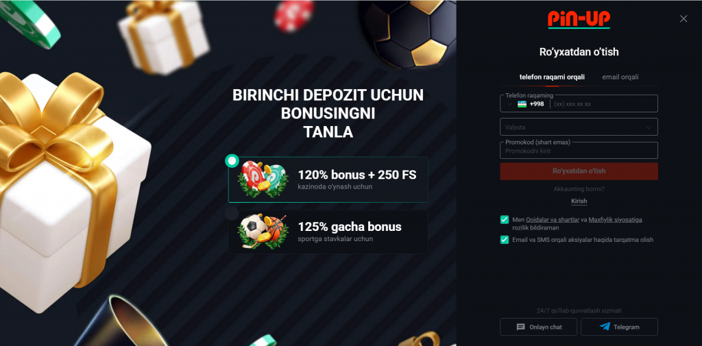 Pin Up ro'yxatdan o'tish — O'zbekistonda Pin Up Casino hisobi yaratish formasi, tezkor kirish