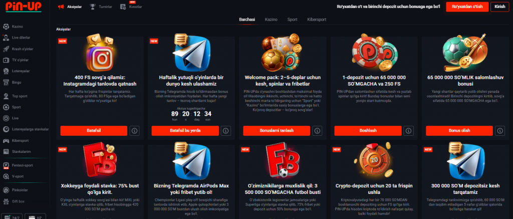 Pin Up promokodi 2026 va bonuslar — xush kelibsiz paket, freespinlar va keshbek Pin Up Casino'da