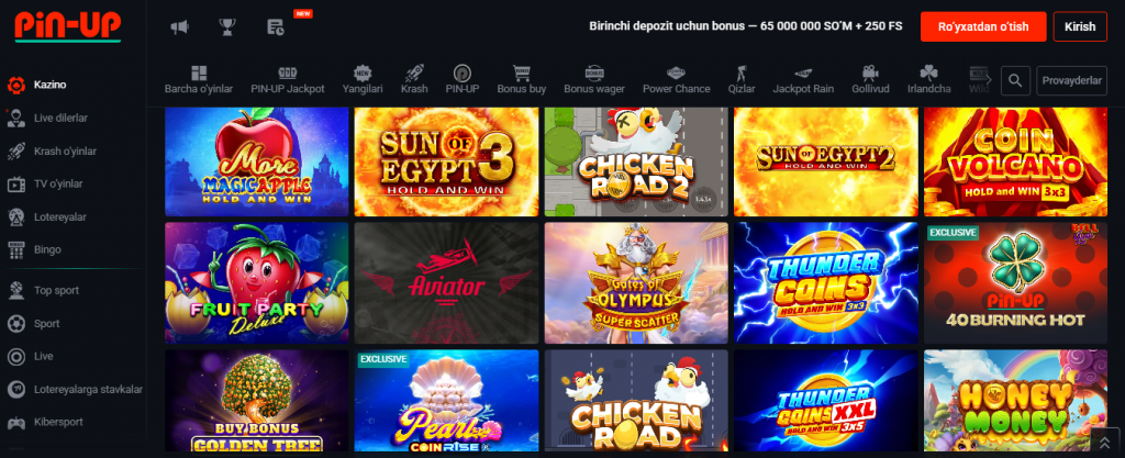 Pin Up o'yin zali — slotlar va Live Casino O'zbekistonda, o'yinlar katalogi va tez o'yinlar